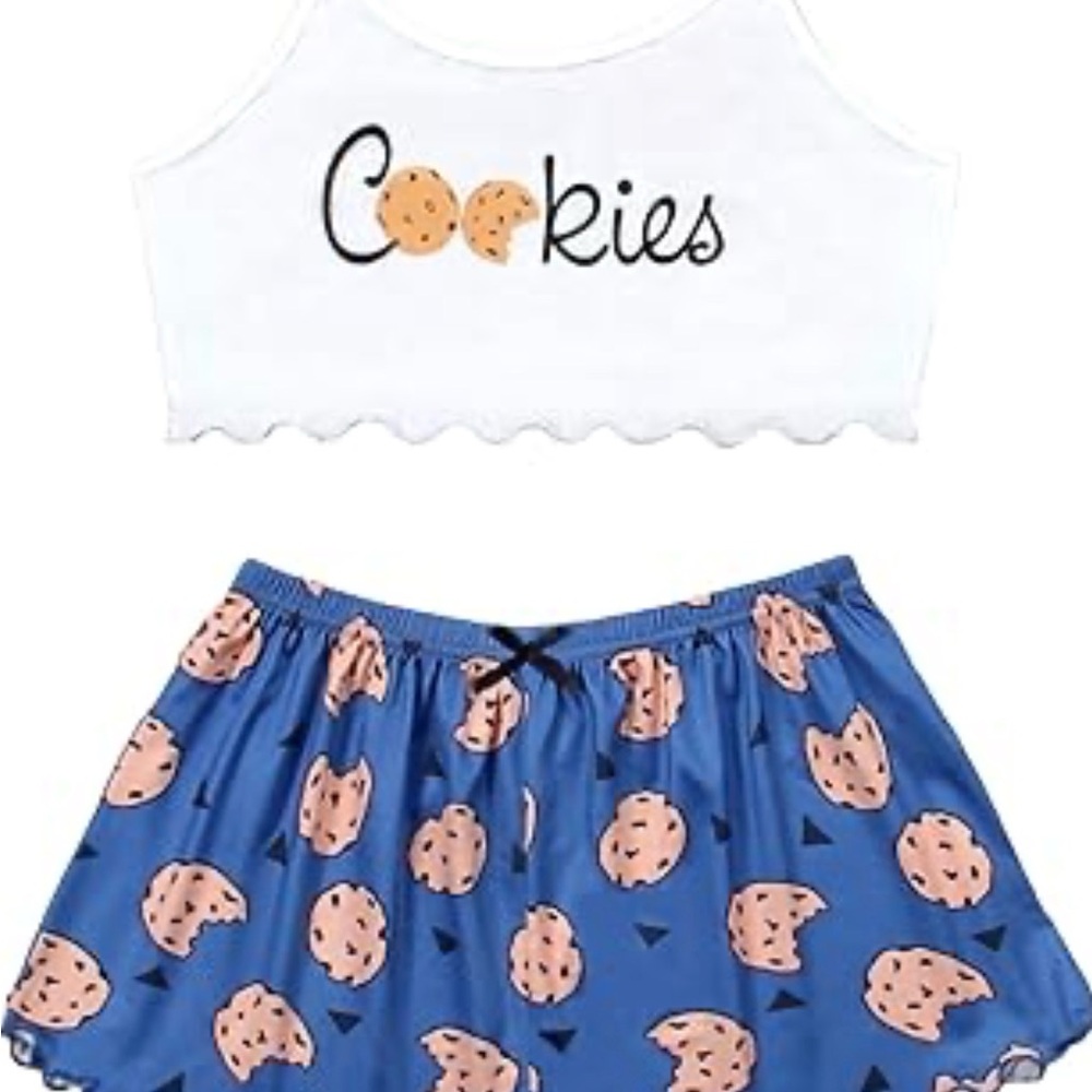 Cookies Print Women's Pajama Set - White and Blue